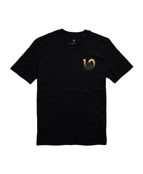 A black short-sleeve crewneck t-shirt with a small gold graphic on the left chest featuring a No Mans Sky 10 year anniversary graphic on a transparent background.