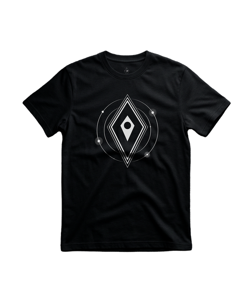 A black short-sleeve crewneck t-shirt featuring a white No Mans Sky logo printed on the chest, displayed flat against a transparent background.