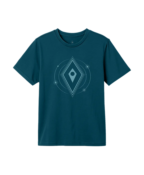 A dark teal short-sleeve crewneck t-shirt featuring a light blue geometric No Mans Sky diamond graphic printed on the chest, displayed against a clear background.
