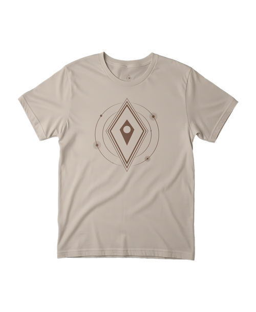 A beige short-sleeve crewneck t-shirt featuring a brown No Mans Sky logo, displayed against a transparent background.